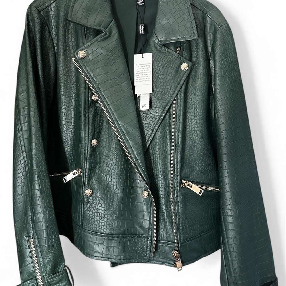 Catherine Malandrino Dark Green Croc-Embossed Moto Jacket